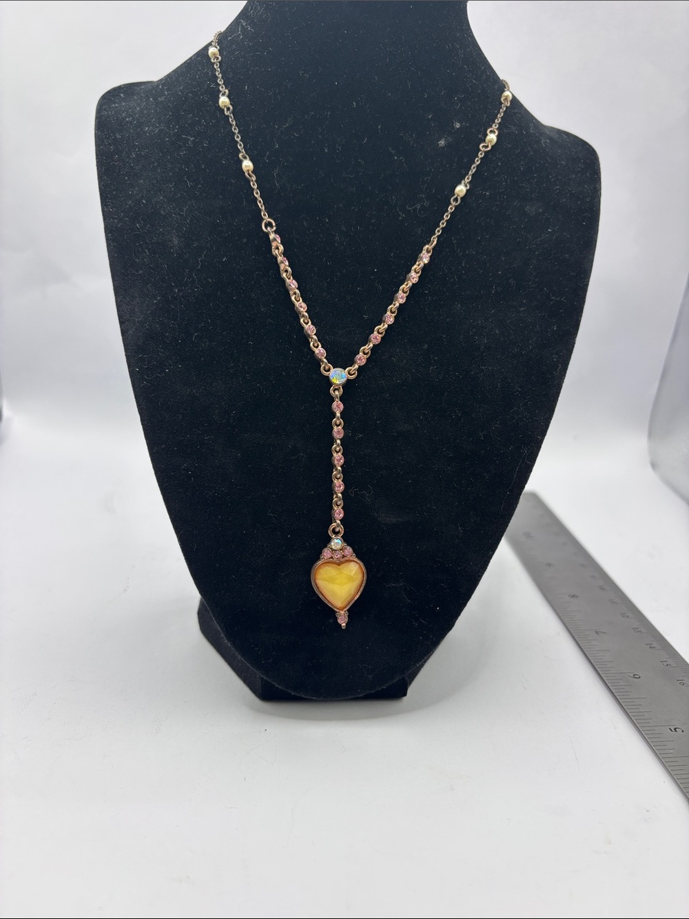 1928 Gold-Tone Lariat Necklace with Yellow Heart and Pink Accents